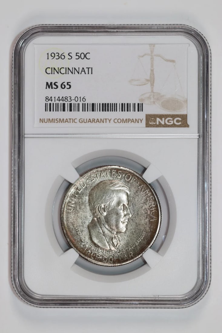CINCINNATI 1936-S HALF DOLLAR COMMEMORATIVE NGC MS65: CINCINNATI 1936-S HALF DOLLAR COMMEMORATIVE NGC MS65 The Cincinnati 1936-S Half Dollar Commemorative is a highly graded MS65 coin from the San Francisco Mint. Certified by NGC, this uncirculated coin
