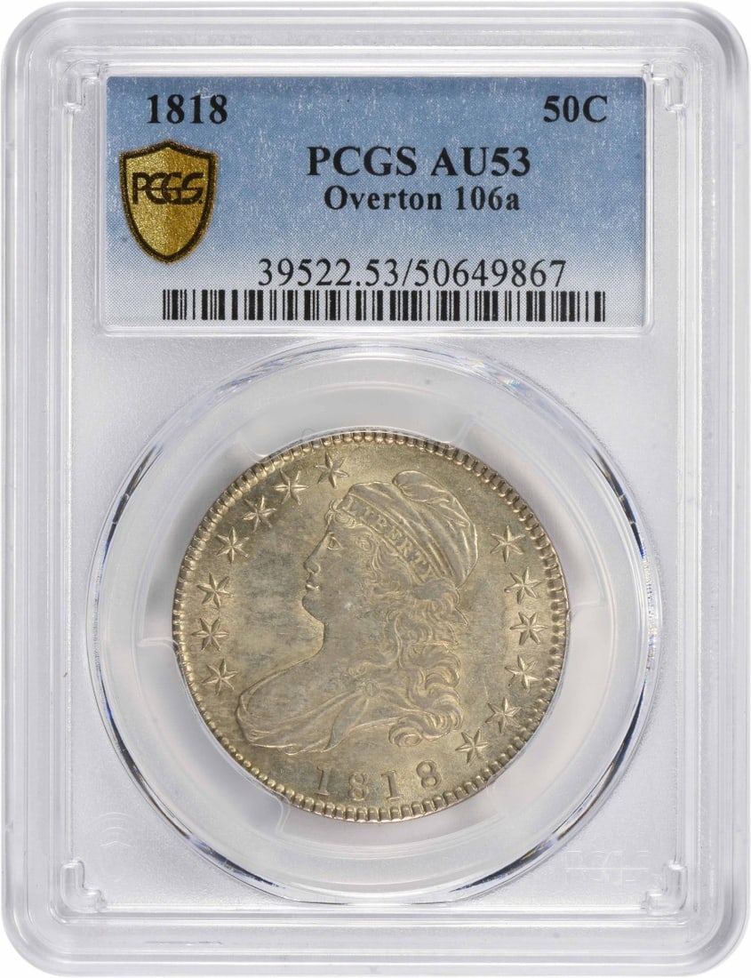 Overton 106a AU53 PCGS 1818 Bust Silver Half Dollar: Overton 106a AU53 PCGS 1818 Bust Silver Half Dollar The Overton 106a AU53 PCGS 1818 Bust Silver Half Dollar features a circulated grade from the esteemed PCGS, indicating its worn condition. This