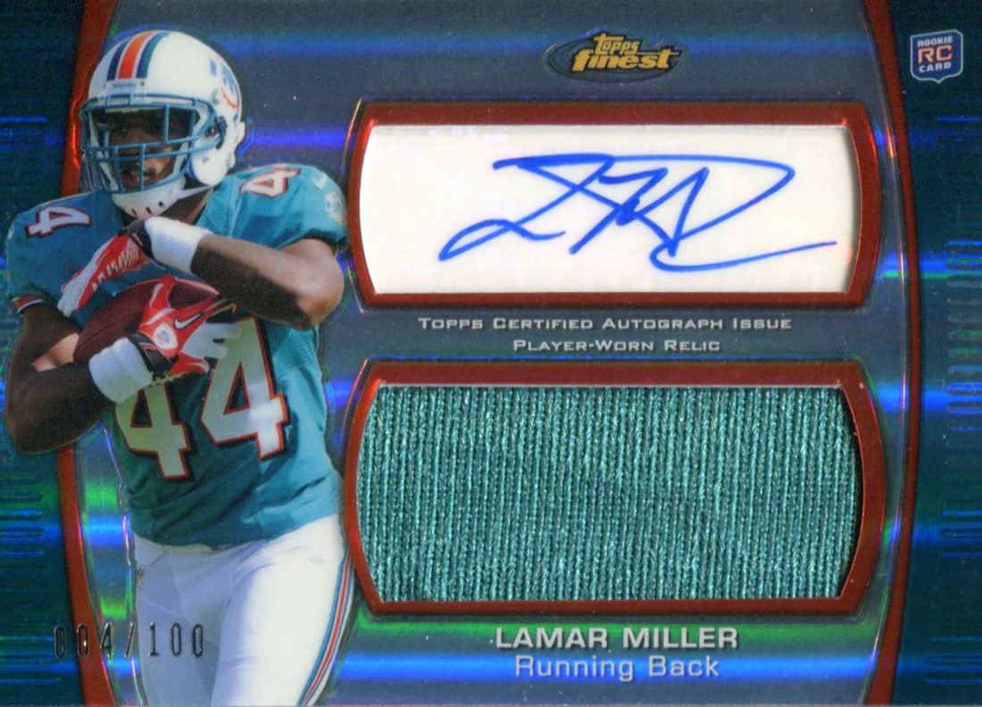 Miller Lamar Autographed 2012 Topps Finest Rookie Jersey Card: Miller Lamar Autographed 2012 Topps Finest Rookie Jersey Card Miller Lamar Autographed 2012 Topps Finest Rookie Jersey Card. This card features a rare autograph in blue sharpie across both the front