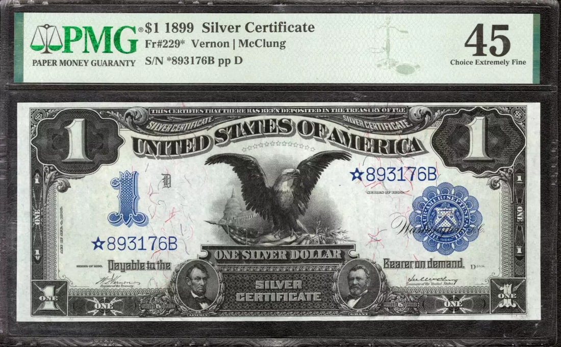 STAR NOTE CHOICE FR SILVER 1899 EAGLE PMG 176B: STAR NOTE CHOICE FR SILVER 1899 EAGLE PMG 176B The Star Note Choice FR Silver 1899 Eagle PMG 176B is a rare circulated $1 silver certificate from 1899. This item features a unique combination of histo