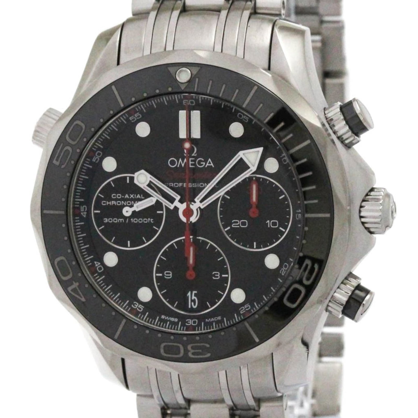 Wristwatch Omega: Wristwatch Omega Stainless steel case and band provide a durable foundation for this Omega wristwatch, featuring a sleek black dial. Measuring 42mm in diameter, the watch boasts a sporty design with a