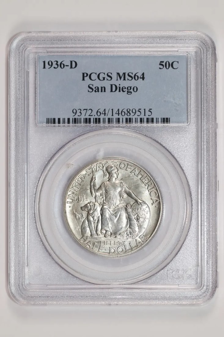 DOLLAR HALF SAN DIEGO COMMEMORATIVE MS64: DOLLAR HALF SAN DIEGO COMMEMORATIVE MS64 The Dollar Half San Diego Commemorative MS64 features a striking design and high-grade condition. Certified by PCGS as an MS64, this coin boasts excellent