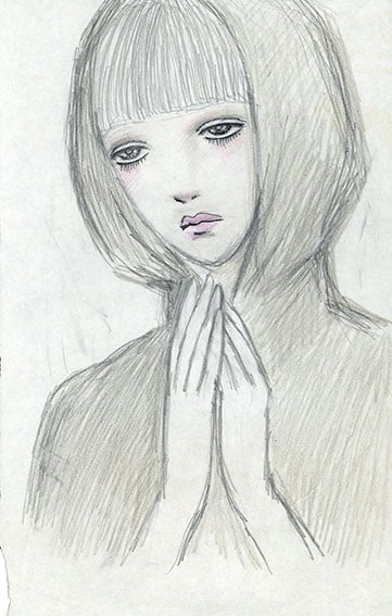 Woman in Japanese drawing prays with pencil pen: Woman in Japanese drawing prays with pencil pen Pencil and pen renderings of a serene woman in prayer are characteristic of Japanese art. This piece, created by artist Rune Naito, showcases a