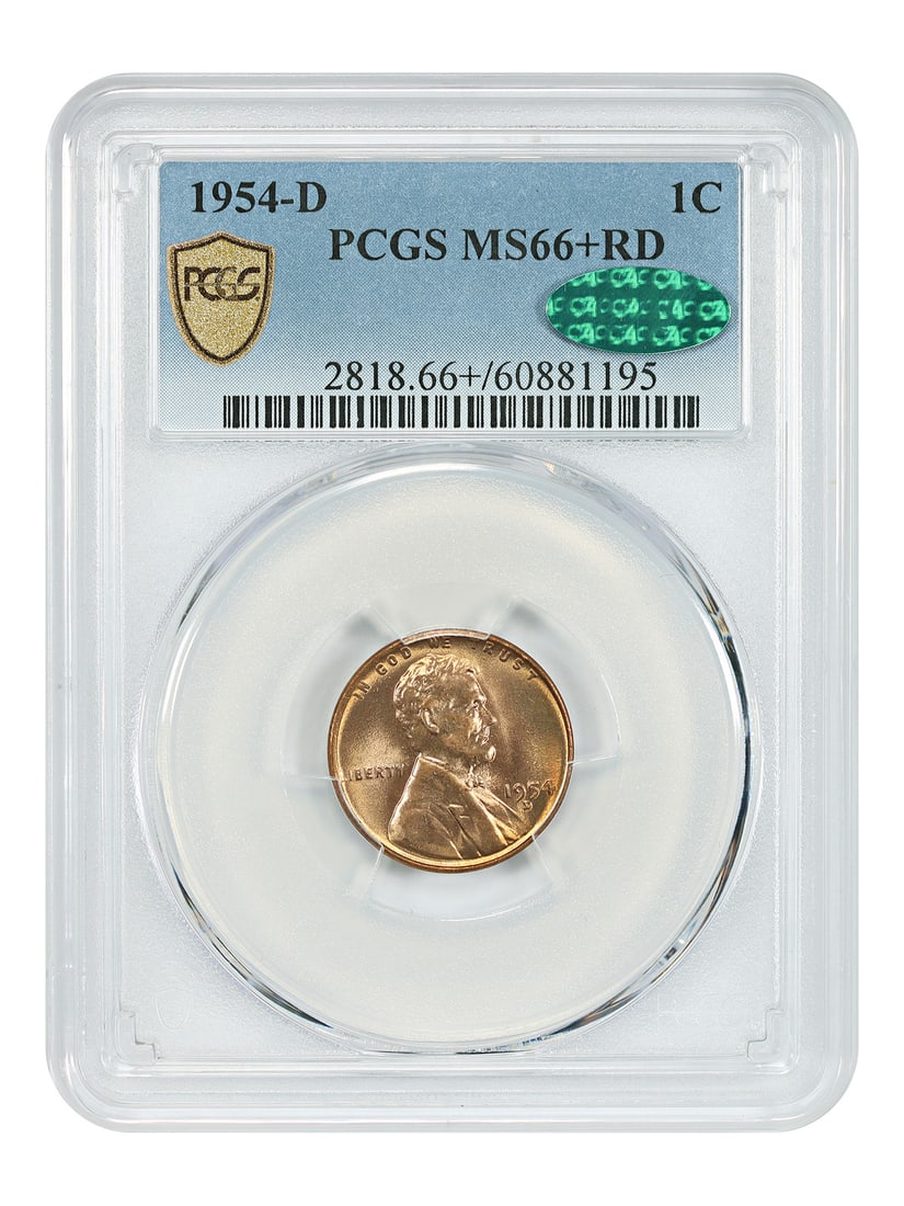 PCGS MS66+RD Wheat Reverse Lincoln Cent 1C 1954D: PCGS MS66+RD Wheat Reverse Lincoln Cent 1C 1954D Certified MS66+RD Wheat Reverse Lincoln Cent 1C 1954D features exceptional detail and luster. This uncirculated coin boasts a striking design with