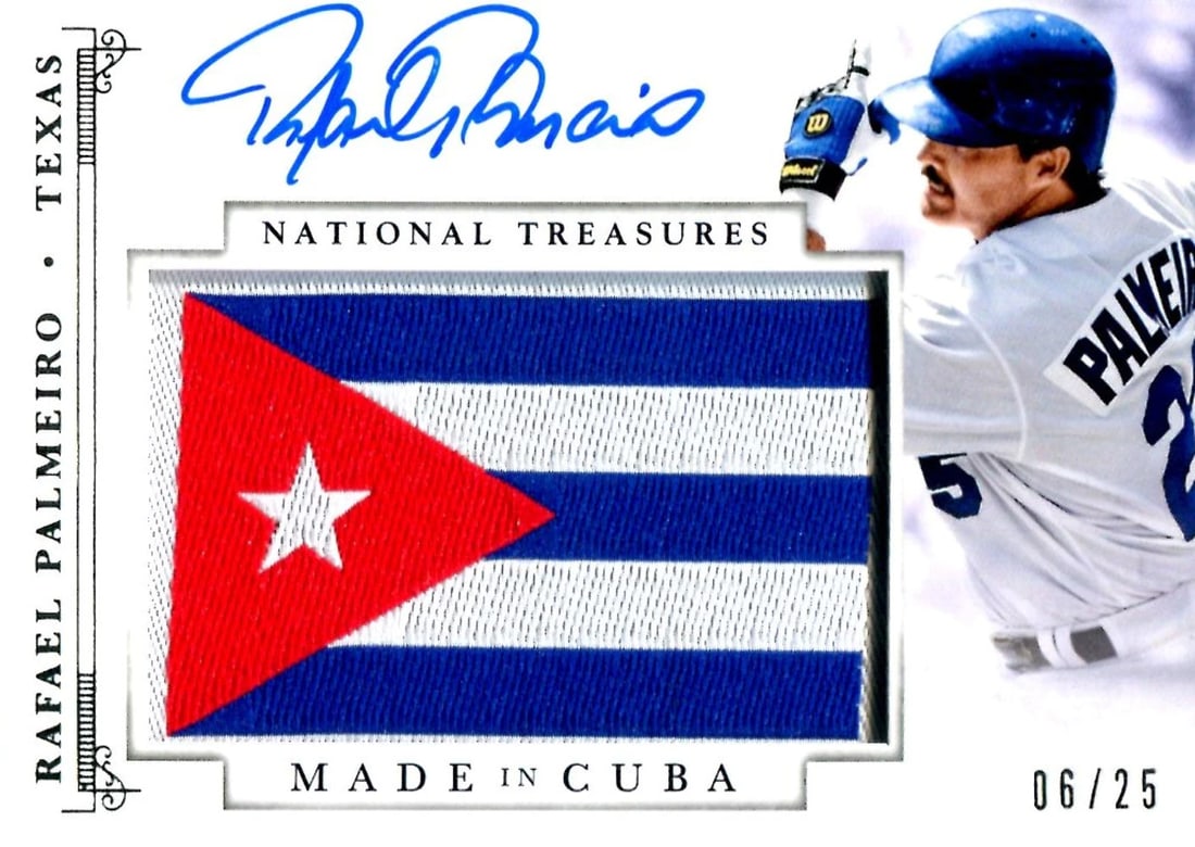 Rafael Palmeiro Signed Treasures Card Number Six Twenty Five: Rafael Palmeiro Signed Treasures Card Number Six Twenty Five Rafael Palmeiro's autograph on this National Treasures card stands out in blue sharpie across its front. The card number #6/25 signifies a