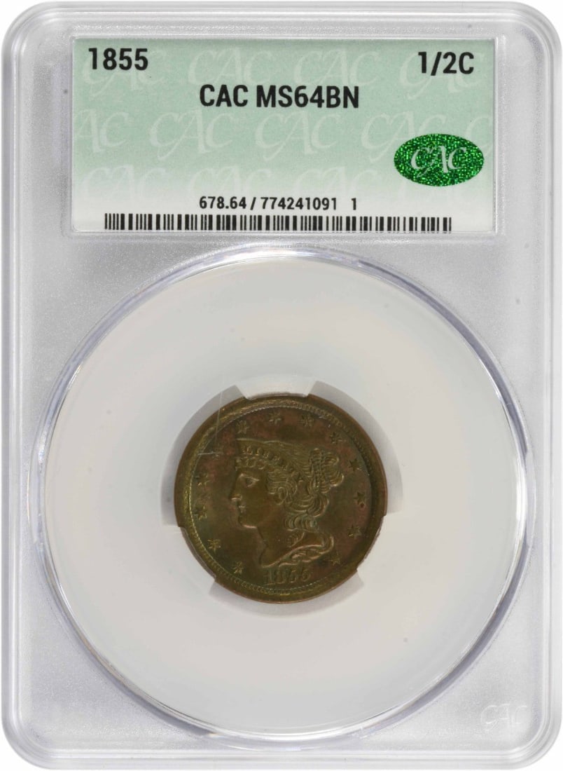 Half cent coin MS64BN CACG: Half cent coin MS64BN CACG The Braided Hair Half Cent coin from 1855 boasts exceptional condition with an MS64 grade, showcasing its intricate details and rich history. Certified by CACG as