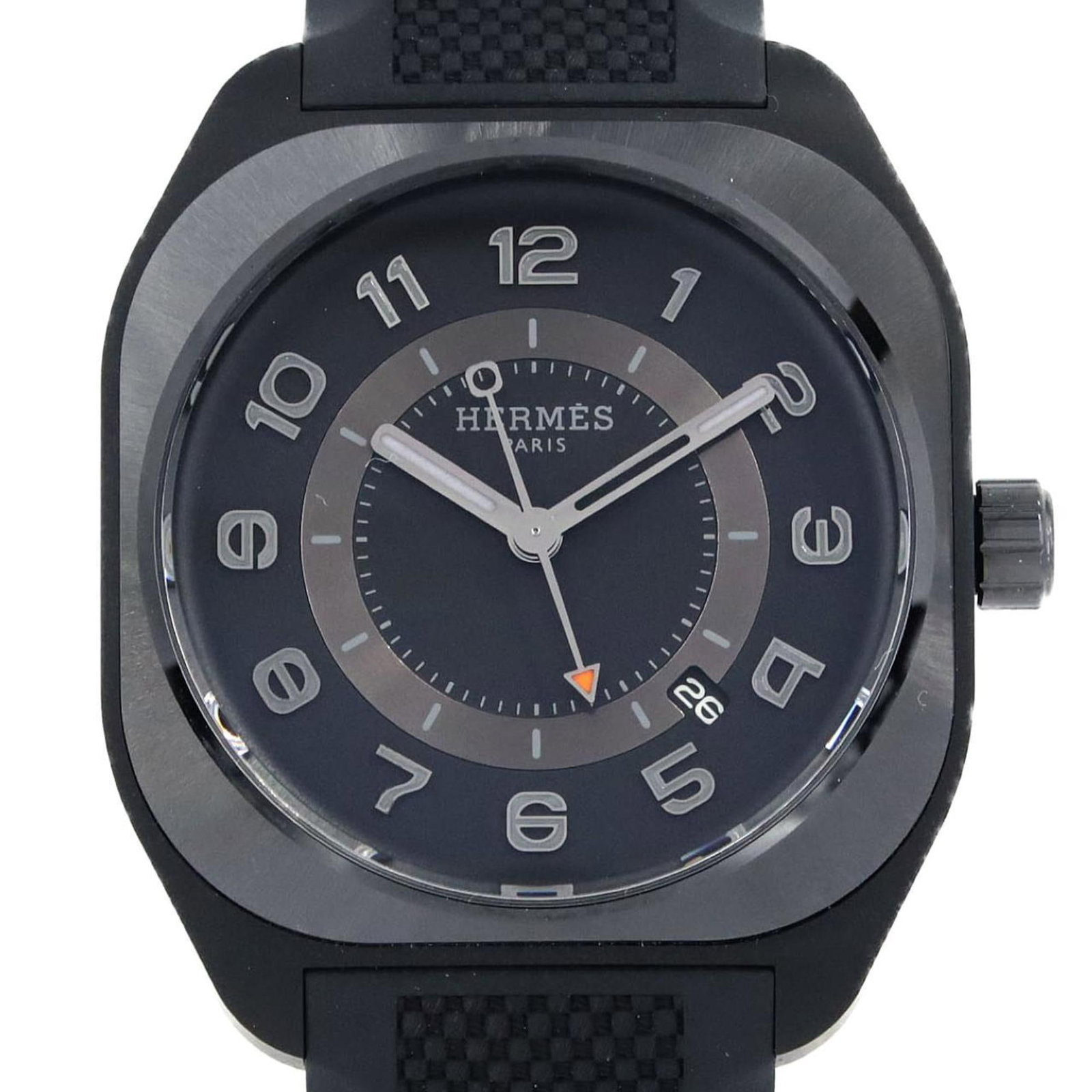 Watch Wrist Hermes: Watch Wrist Hermes This Hermes wristwatch boasts an elegant black dial and a durable rubber band, measuring 46.5mm in diameter. With its classic analog display, this timepiece exudes understated sophi