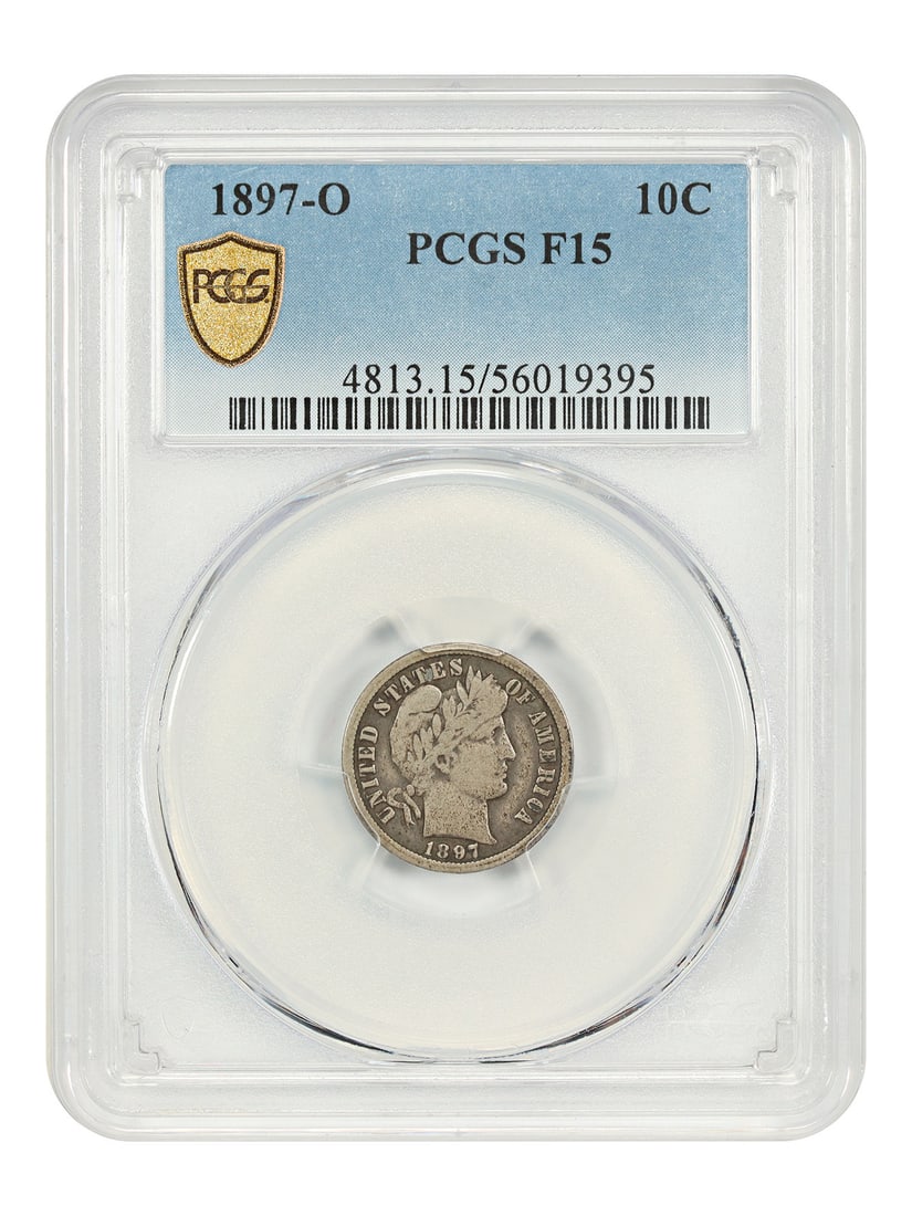 PCGS Fine 15 - Barber Dime 1897 O 10C: PCGS Fine 15 - Barber Dime 1897 O 10C PCGS Fine 15 - Barber Dime 1897 O 10C. This circulated 1897-O Barber dime features a PCGS grade of 15 and showcases the characteristic details of its MS Mint stri