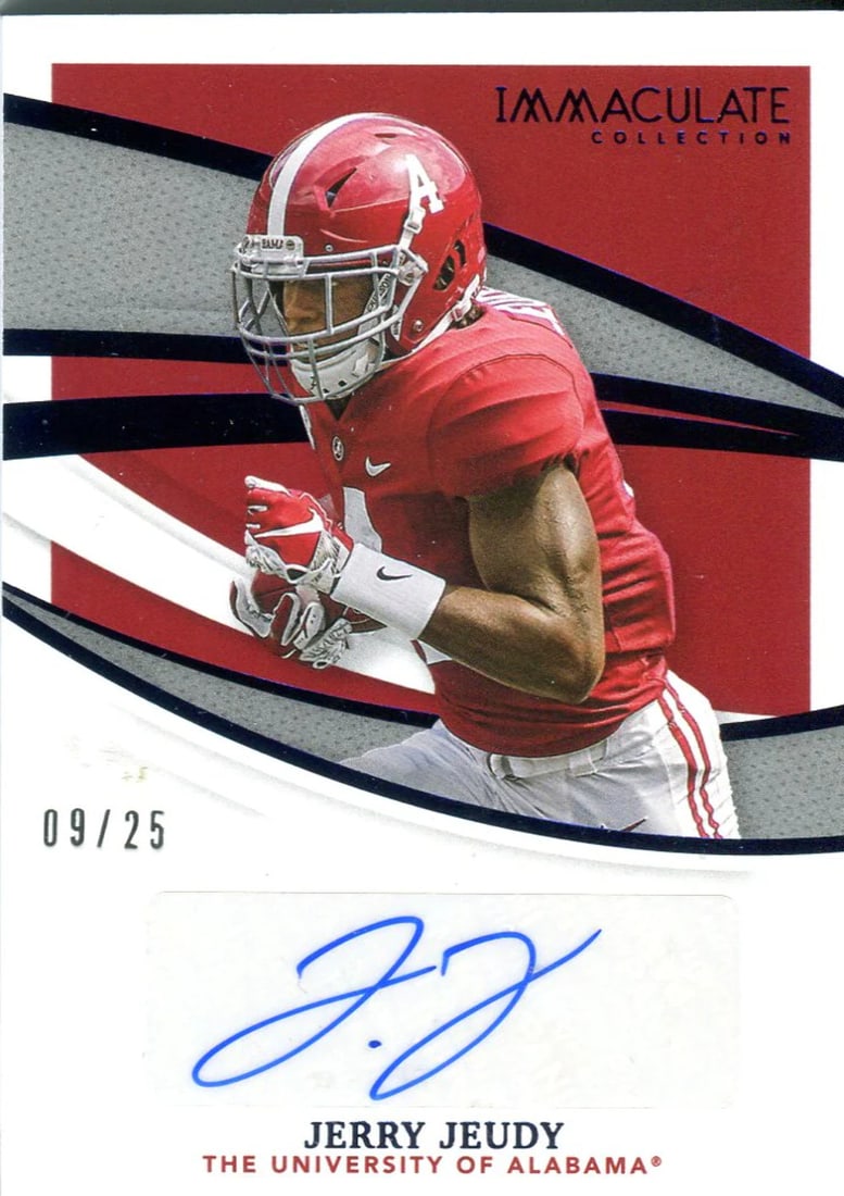 Jerry Jeudy Collegiate 2021 Immaculate Panini Autographed Card #II-JJ 9/ 25: Jerry Jeudy Collegiate 2021 Immaculate Panini Autographed Card #II-JJ 9/ 25 Jerry Jeudy's 2021 Panini Immaculate Collegiate Autographed Card #II-JJ boasts a unique combination of autograph and authent