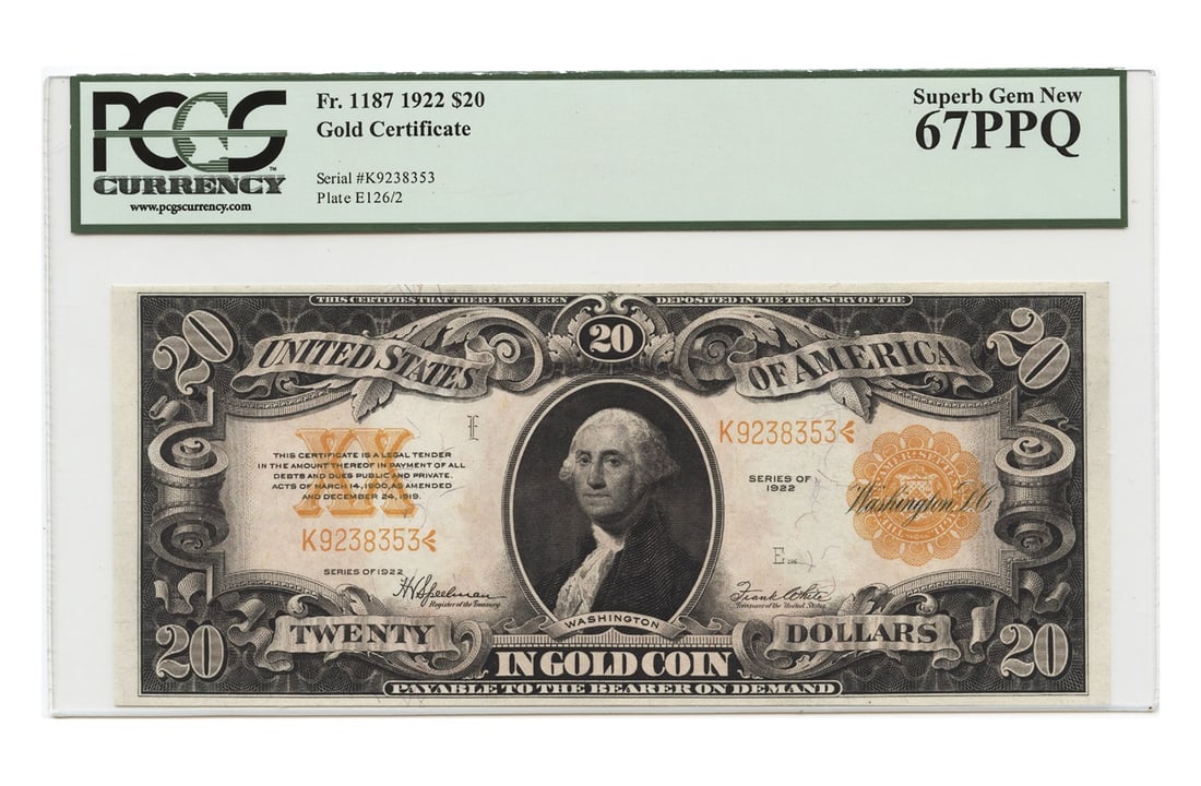 $20 Gold Certificate 1922 PCGS Superb Gem Large Size: $20 Gold Certificate 1922 PCGS Superb Gem Large Size The $20 Gold Certificate from 1922 boasts an impressive PCGS certification, graded as Superb Gem in Large Size. This uncirculated gem features exce
