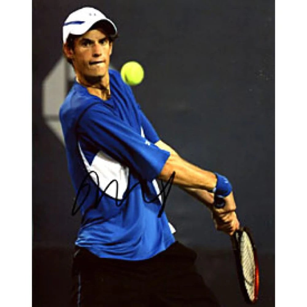 Murray Autographed Tennis Photo: Murray Autographed Tennis Photo Andy Murray's 8x10 tennis photo features his signature in black sharpie across the front. This unique piece of memorabilia showcases the Scottish tennis star's talent