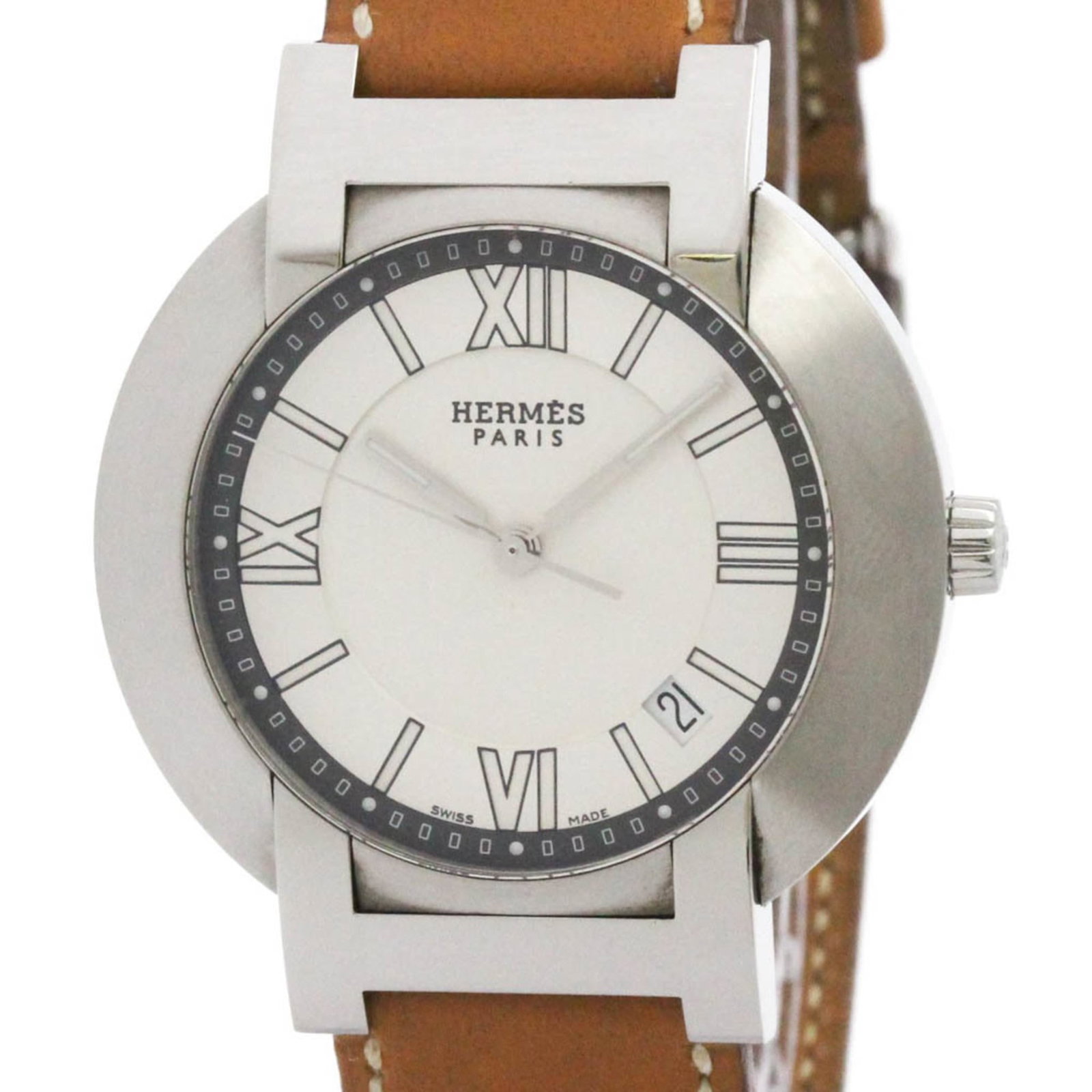 Watch Wrist Hermes: Watch Wrist Hermes Stainless steel case with silver dial, this Hermes wristwatch boasts a classic dress watch design. The leather band adds a touch of elegance to its formal style, making it suitable