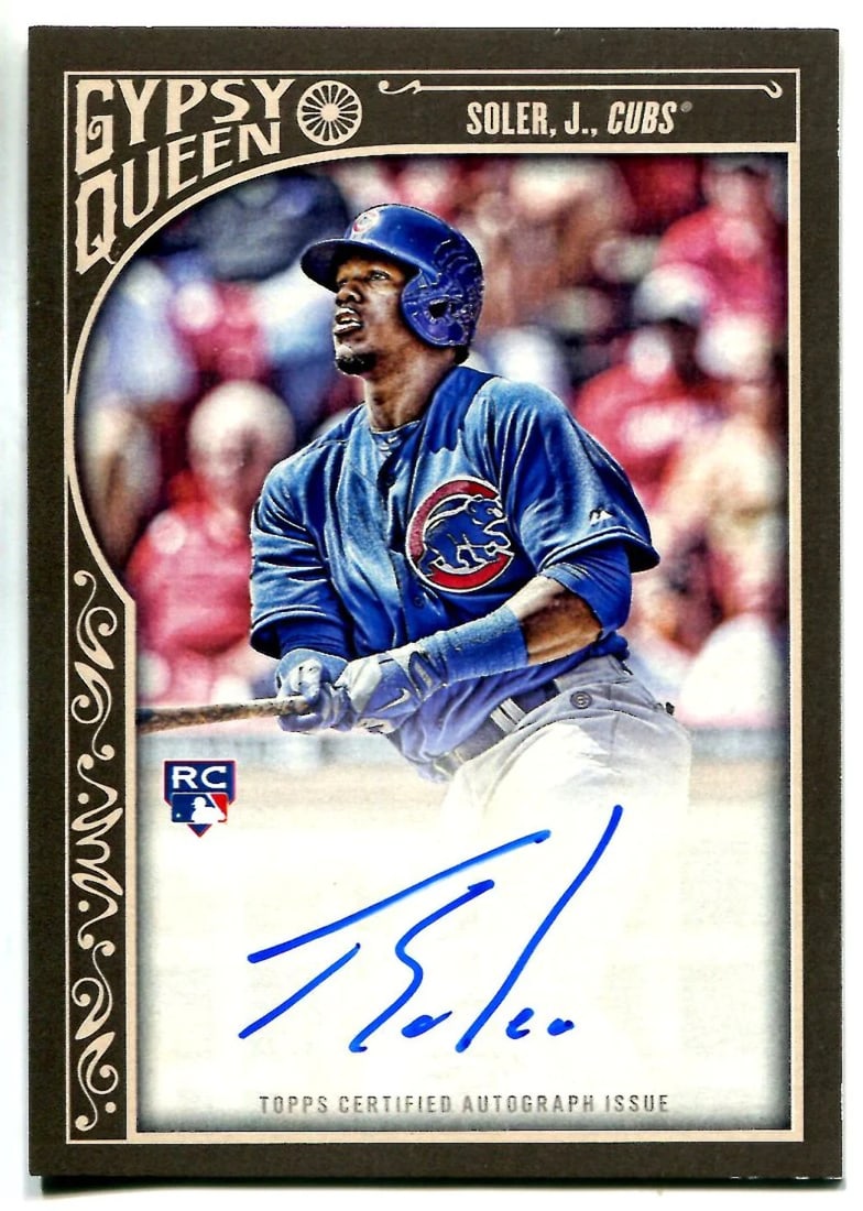 Solerautographed rookie card: Solerautographed rookie card The Jorge Soler 2015 Gypsy Queen Autographed Rookie Card features an authentic autograph of the baseball player on his rookie card. This card showcases Soler's early