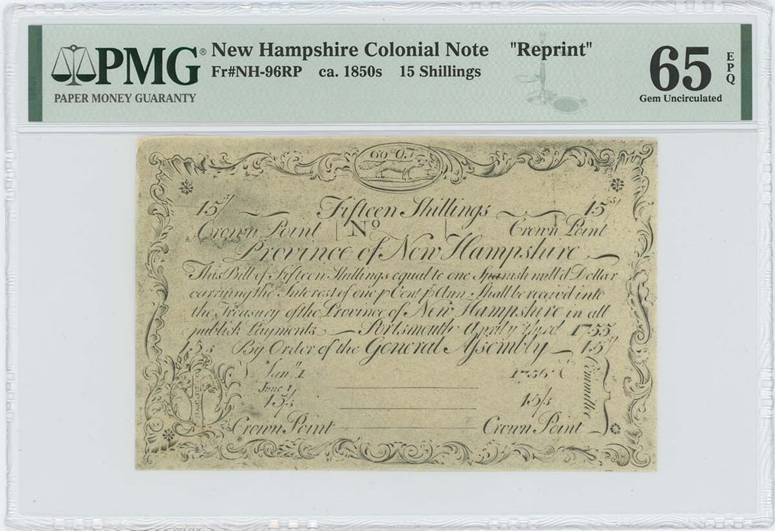 Gem quality coin NH-96 1850 c. Cohen reprinted 15 shillings 6 1755: Gem quality coin NH-96 1850 c. Cohen reprinted 15 shillings 6 1755 The 15 shillings 6 1755 coin features gem quality and is certified by PMG. This uncirculated colonial currency piece has been graded 