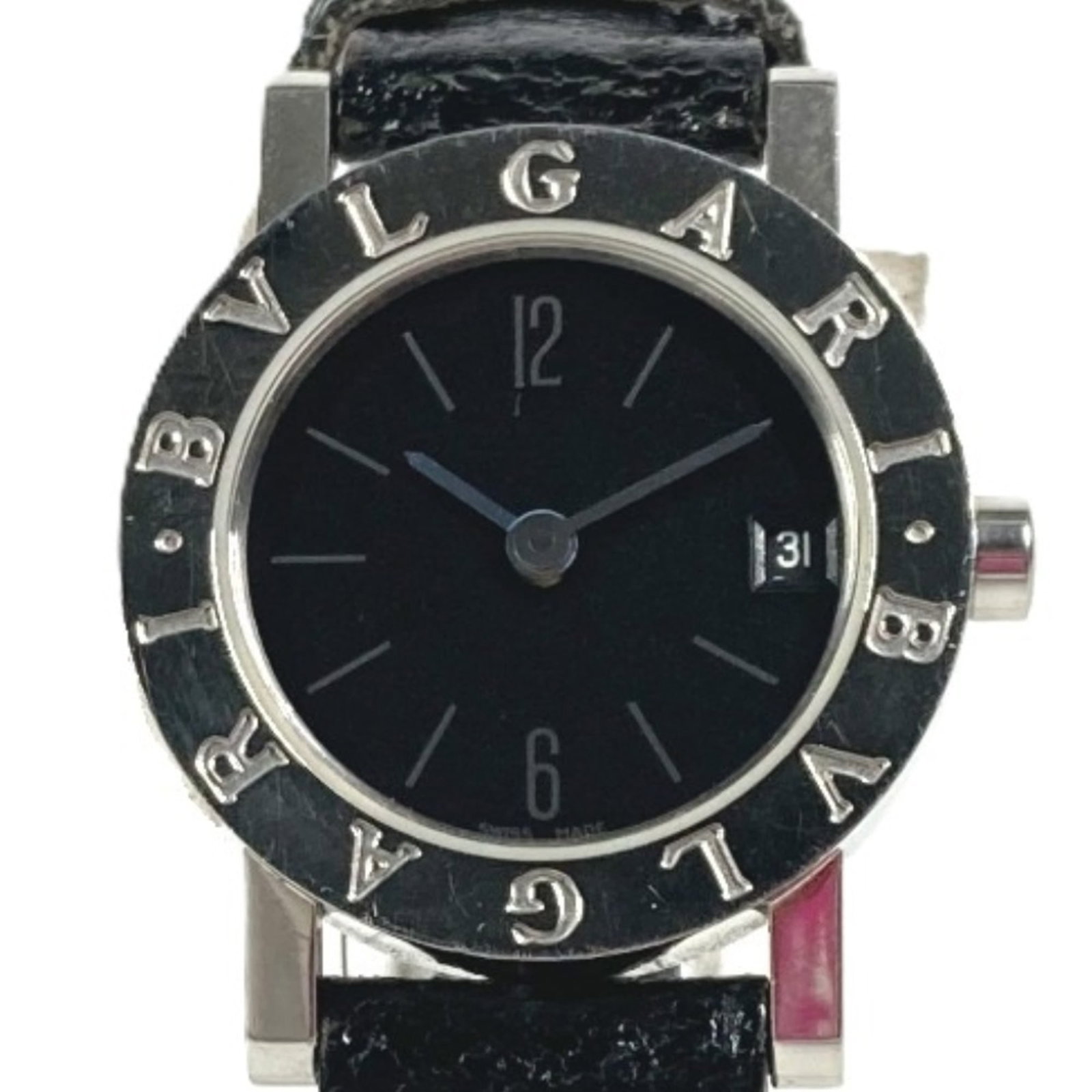 Bulgari Watch Wrist: Bulgari Watch Wrist Stainless steel case and black leather band make for a sleek and sophisticated timepiece. This Bulgari watch features an analog display and measures 22mm in diameter, suitable for 