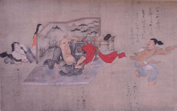 Meiji Shiichi Tajima Fukutomi Zoshi 1908 Antique Woodblock Print: Meiji Shiichi Tajima Fukutomi Zoshi 1908 Antique Woodblock Print Meiji period woodblock print from 1908, featuring an intricate design from the Fukutomi Zoshi Emaki (Fukutomi Scroll Tale). This antiqu