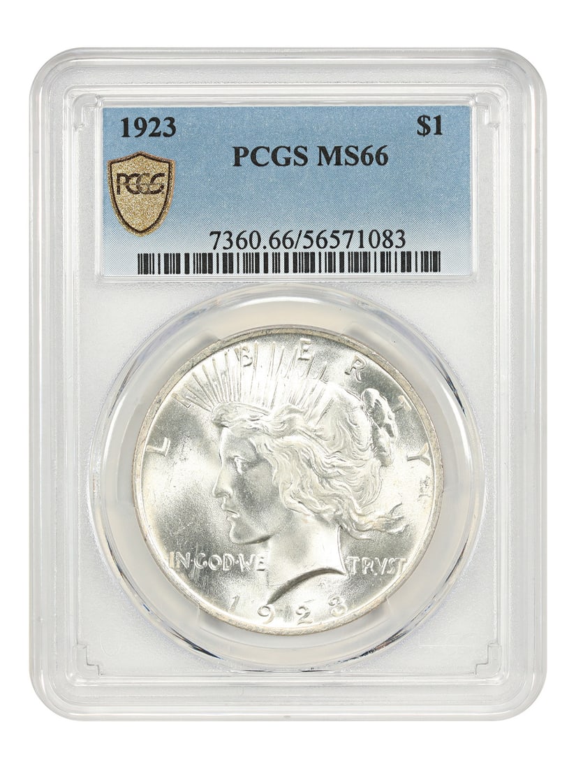 Peace Dollar MS66 $1: Peace Dollar MS66 $1 The 1923 Peace Dollar MS66 features a high grade of 66 from PCGS, indicating exceptional condition and detail. This uncirculated coin boasts a striking design and is certified by 