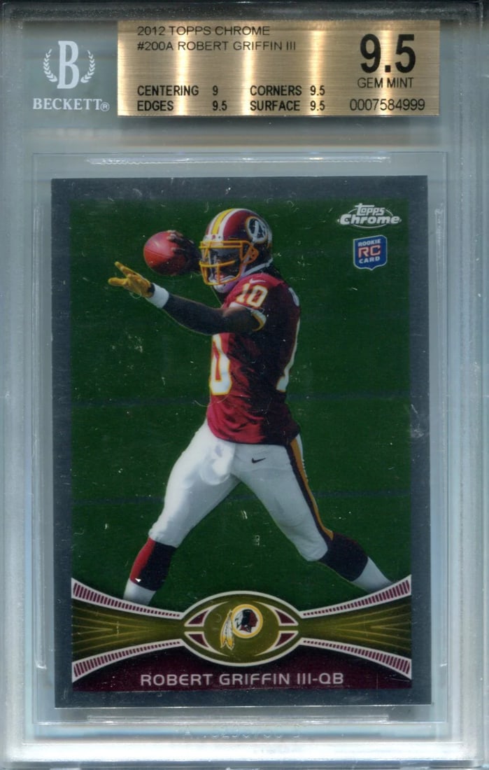 III Rookie Card BVG Griffin Robert 2012 Topps Chrome: III Rookie Card BVG Griffin Robert 2012 Topps Chrome Gem Mint 9.5 graded and slabbed by BVG, this 2012 Topps Chrome card showcases Robert Griffin III as a Rookie Card in stunning condition. The card's