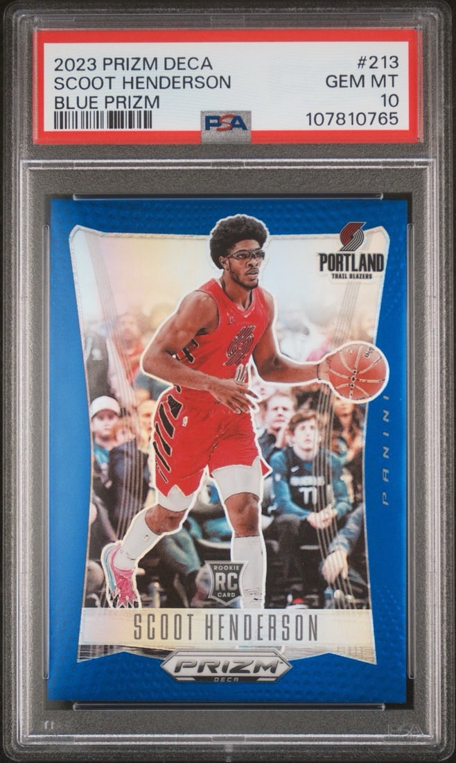 STRICT RULES 2023 PANINI PRIZM ROOKIE: STRICT RULES 2023 PANINI PRIZM ROOKIE Scoot Henderson's 2023 Panini Prizm Deca rookie card features a Blue Prizm parallel and boasts a PSA Grade of 10, making it a highly sought-after addition to any 