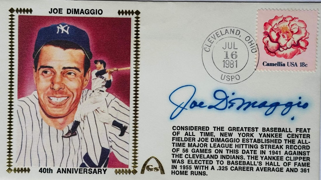 Joe DiMaggio Autographed First Day Cover July 16 40th Anniversary: Joe DiMaggio Autographed First Day Cover July 16 40th Anniversary Signed in blue pen across the front of the first day cover is Joe DiMaggio's mark. This 40th anniversary commemorative cover marks a s