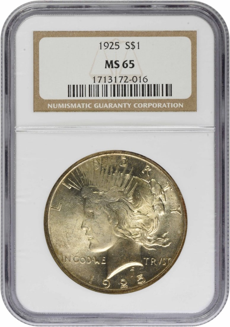 Peace silver dollar MS65 NGC 1925: Peace silver dollar MS65 NGC 1925 The 1925 Peace silver dollar MS65 NGC is a highly graded and certified coin featuring Anthony de Francisci's iconic design. With its reeded edge and 90% silver compos