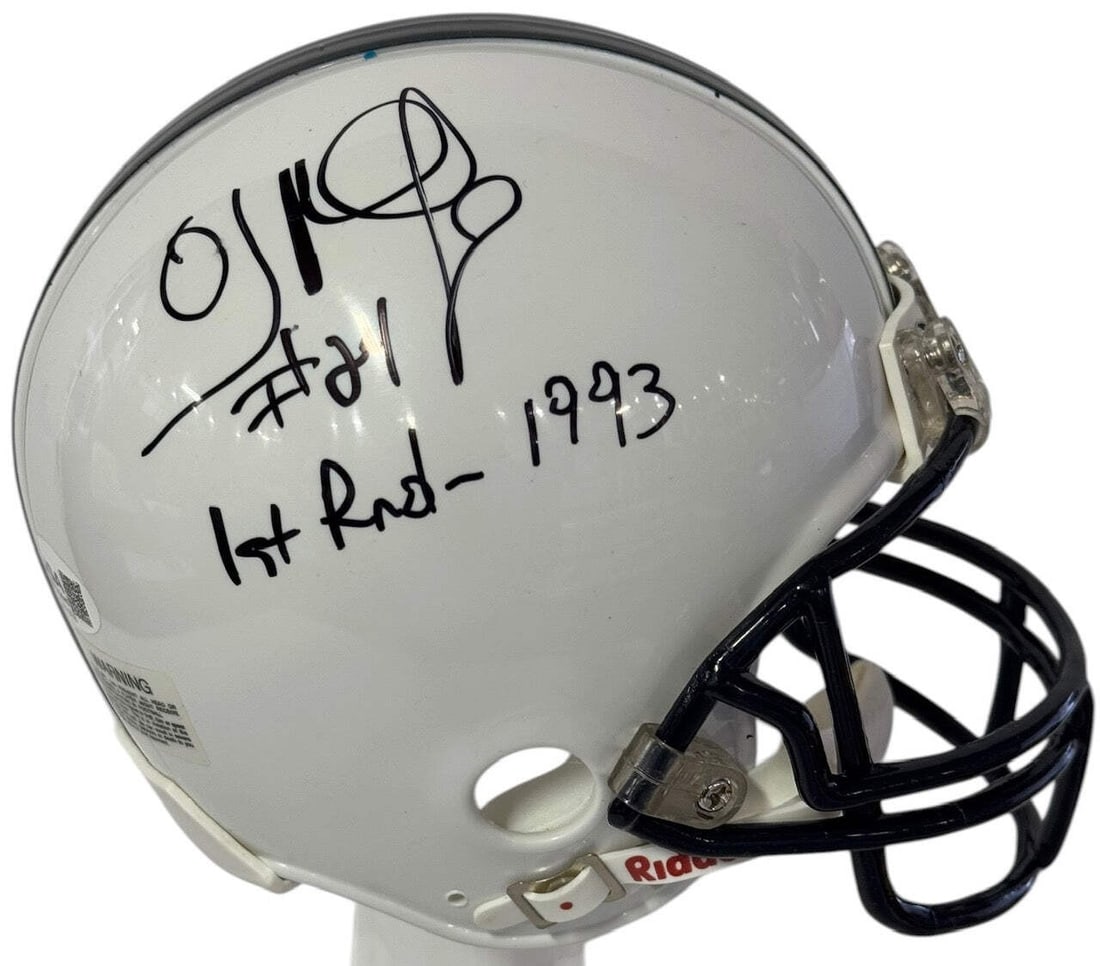 Penn State University Mini Helmet Autographed by JSA: Penn State University Mini Helmet Autographed by JSA Authentic Penn State University mini helmet signed in black sharpie across the side by OJ McDuffie, as verified by James Spence Authentication (JSA