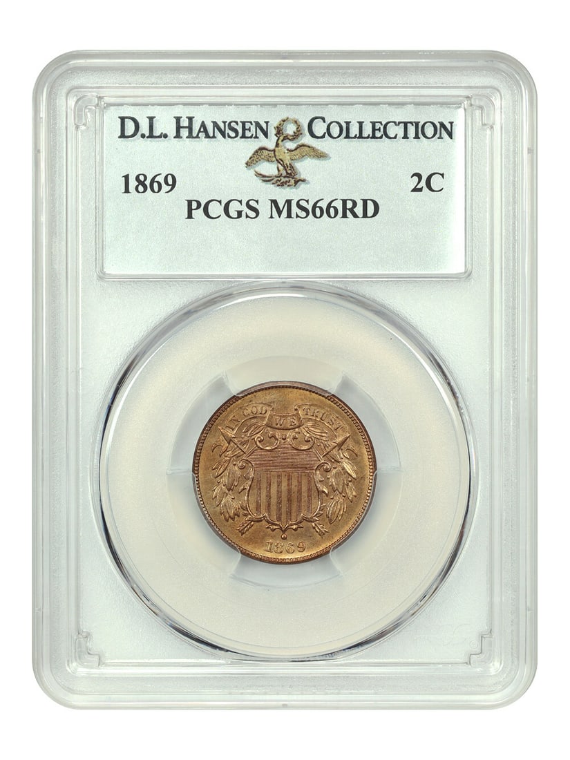 MS66RD PCGS D.L. Hansen: MS66RD PCGS D.L. Hansen The MS66RD PCGS D.L. Hansen is an uncirculated 1869 Two and Three Cents coin graded 66 by PCGS. This highly detailed strike showcases exceptional minting quality, with a rich h