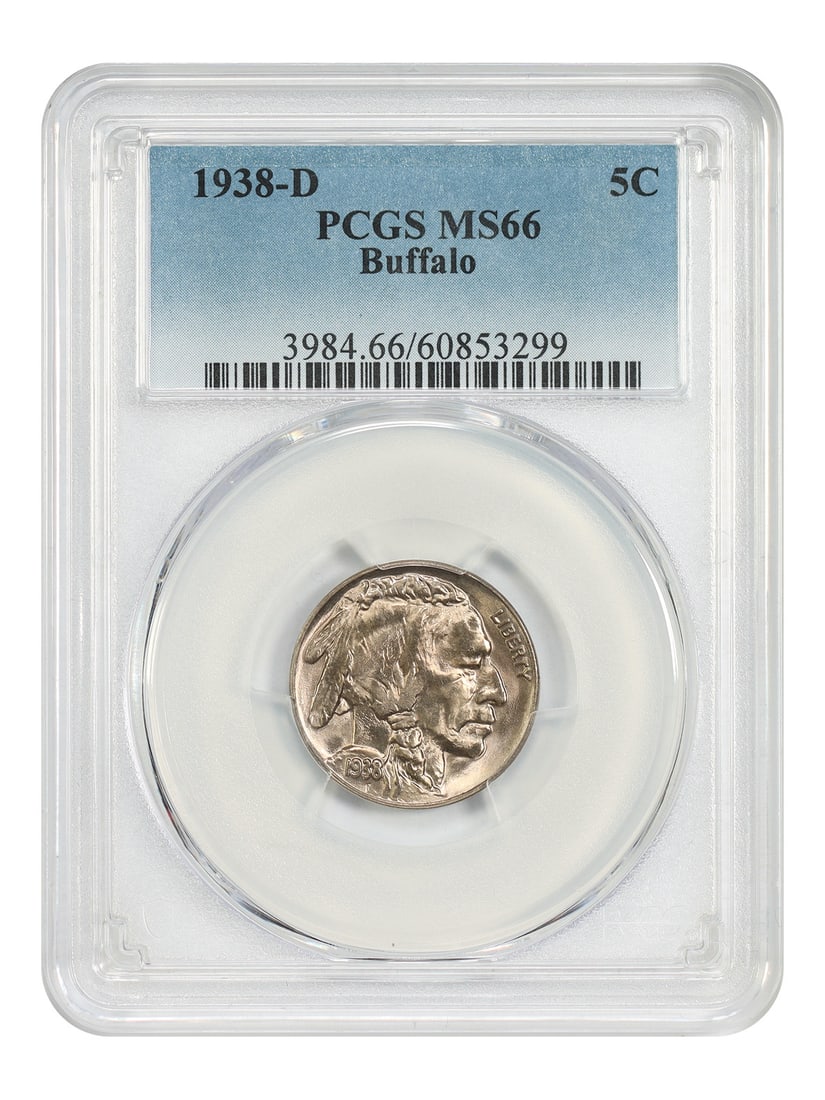 Buffalo Nickel 5C 1938-D PCGS MS66: Buffalo Nickel 5C 1938-D PCGS MS66 The Buffalo Nickel 5C 1938-D PCGS MS66 is an uncirculated coin featuring a striking design with its iconic buffalo and shield motifs. Certified by the Professional C