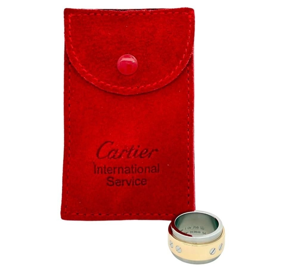 Santos 100 18k Yellow Gold Stainless Steel Ring EU54 US6.75 Polish Gift Cartier: Santos 100 18k Yellow Gold Stainless Steel Ring EU54 US6.75 Polish Gift Cartier The Cartier Santos 100 ring boasts an elegant 18k yellow gold stainless steel design, featuring a round shape and a band