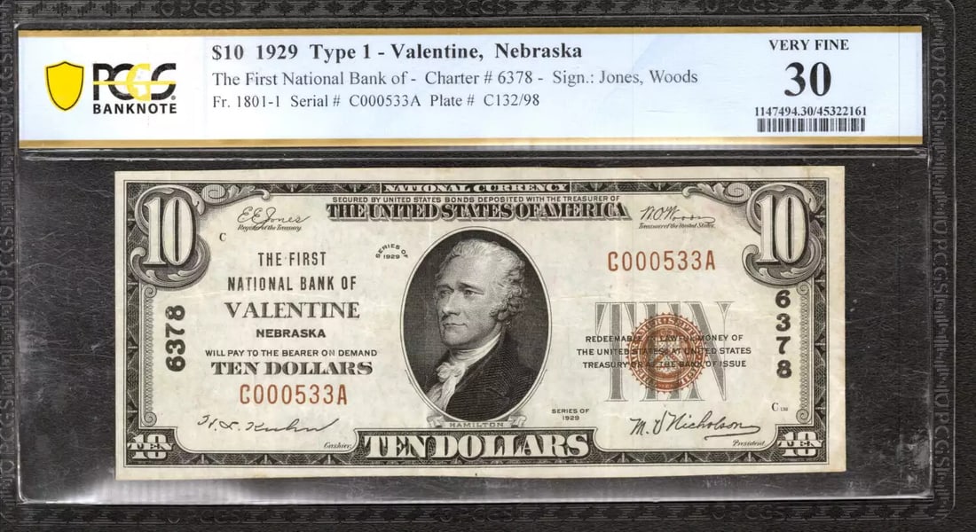 FIRST 1929 10 VALENTINES NEBRASKA NOTE VF 30 PCGS VERY: FIRST 1929 10 VALENTINES NEBRASKA NOTE VF 30 PCGS VERY 1929 $10 Nebraska Note in PCGS Grade 30 Condition. This circulated example features a unique serial number and is certified by PCGS, one of the