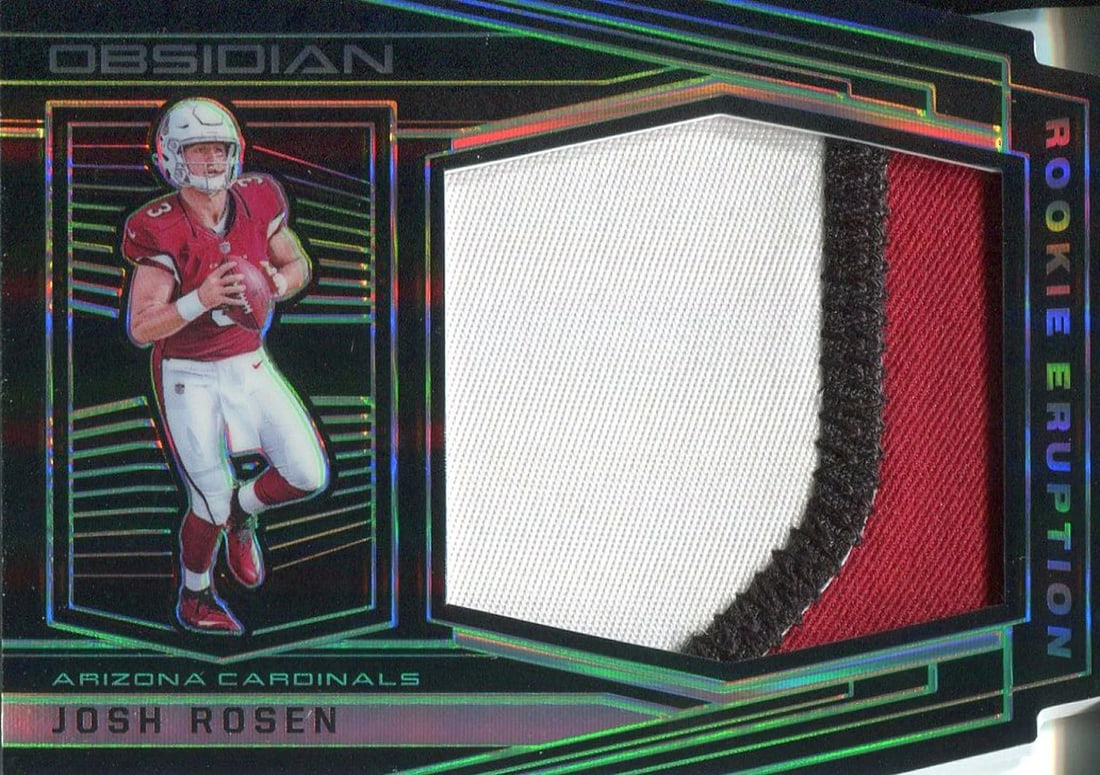 Rosen Josh 2018 Obsidian Panini Card Jersey: Rosen Josh 2018 Obsidian Panini Card Jersey Josh Rosen's 2018 Panini Obsidian rookie jersey card features his autograph and is numbered 18 out of 25. This unique piece showcases Rosen's rookie card