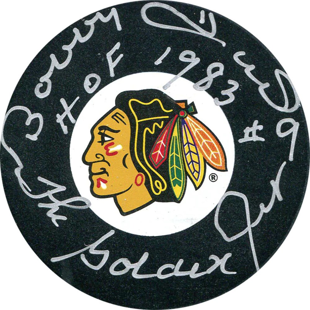 Bobby Hull's Autographed 1983 HOF Chicago Blackhawks Puck: Bobby Hull's Autographed 1983 HOF Chicago Blackhawks Puck Bobby Hull's Autographed 1983 HOF Chicago Blackhawks Puck features an inscription in silver sharpie reading "HOF 1983, Golden Jet", signed by