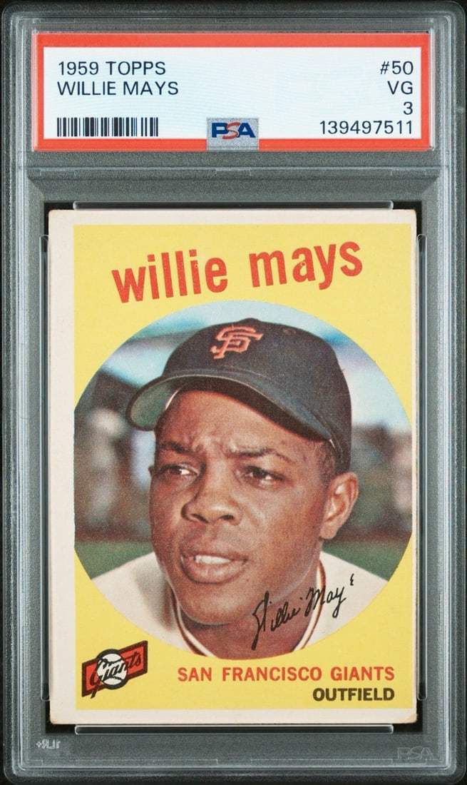 TOPPS 1959 WILLIE MAYS NUMBER 50 PSA 3: TOPPS 1959 WILLIE MAYS NUMBER 50 PSA 3 Willie Mays' iconic #50 card from the 1959 Topps set is graded PSA 3. This vintage baseball card features the legendary San Francisco Giants player in standard