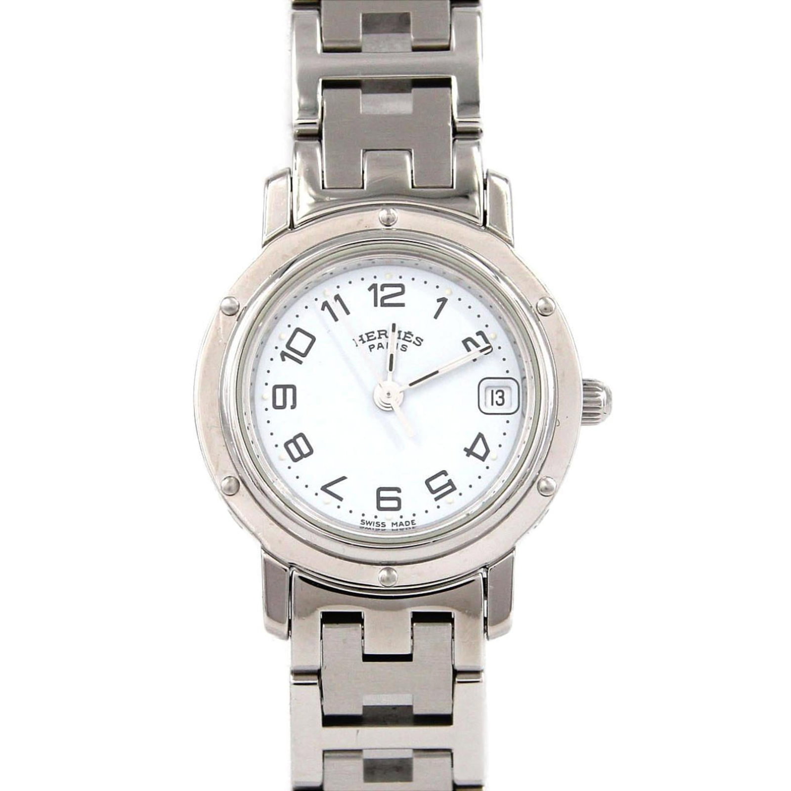 Watch Wrist Hermes: Watch Wrist Hermes Stainless steel case and band add a sleek touch to this white dial watch, measuring 24mm in diameter. The wrist size accommodates a comfortable fit for women with wrists up to