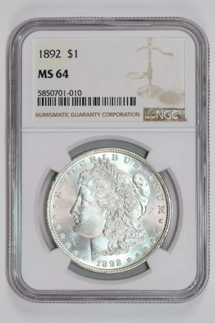 Morgan Dollar 1892 MORGAN MS64: Morgan Dollar 1892 MORGAN MS64 The Morgan Dollar 1892 MS64 boasts exceptional condition, with its silver composition and high grade of MS 64 indicating a rare and well-preserved specimen. Certified