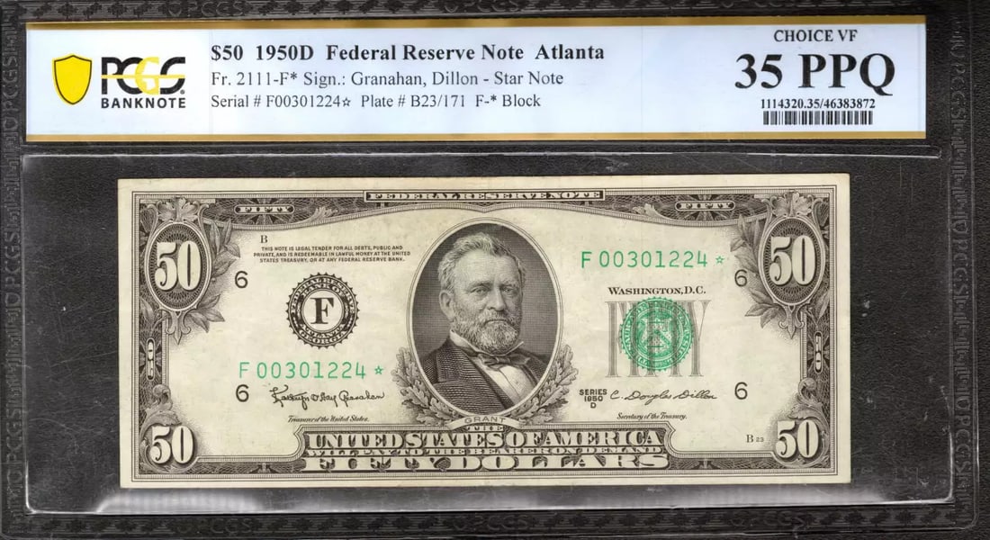 STAR NOTE ATLANTA PCGS VF 35 PPQ FEDERAL RESERVE $50 1950: STAR NOTE ATLANTA PCGS VF 35 PPQ FEDERAL RESERVE $50 1950 PCGS VF 35 PPQ Federal Reserve Note, 1950. This circulated $50 bill features a distinctive design and serial number, making it a unique additi