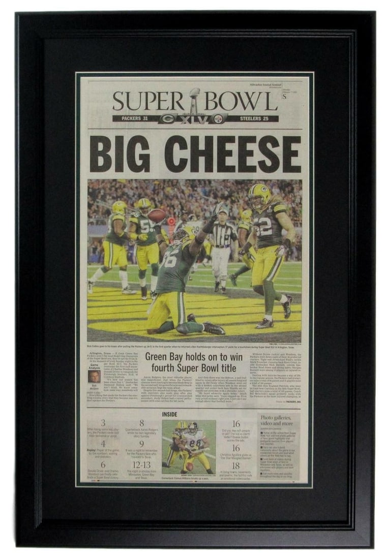 Milwaukee journal sentinel 2011 Packers super bowl XLV champs newspaper framed: Milwaukee journal sentinel 2011 Packers super bowl XLV champs newspaper framed The Milwaukee Journal Sentinel's iconic Super Bowl XLV coverage is now framed and ready for display. This newspaper, sign