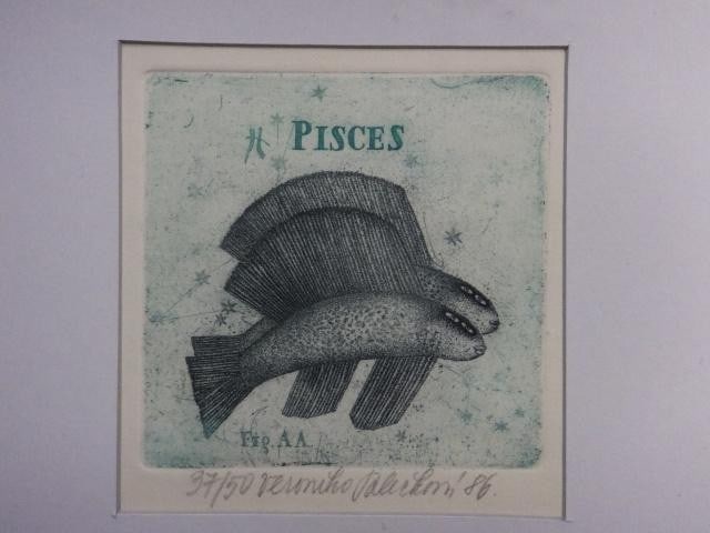 Signed Color Etching Framed Pisces Art Zodiac Limited Veronika Paleckova: Signed Color Etching Framed Pisces Art Zodiac Limited Veronika Paleckova Exceptional Signed Color Etching Framed Pisces available for auction. Review complete item specifications below for detailed