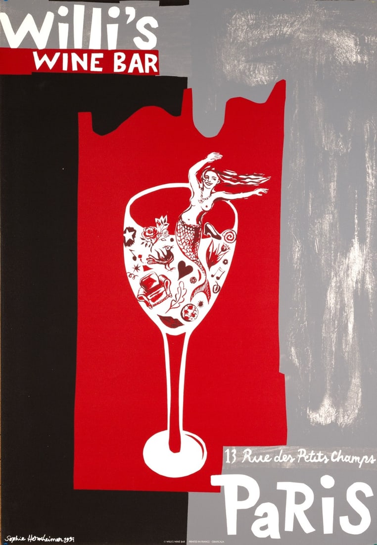Herxheimer Original Paris Poster Wine Bar Serigraph On Velin 1997 Sophie: Herxheimer Original Paris Poster Wine Bar Serigraph On Velin 1997 Sophie Single piece serigraph on Velin paper from Sophie Herxheimer's 1997 Paris poster "Willi's Wine Bar", offering a unique glimpse