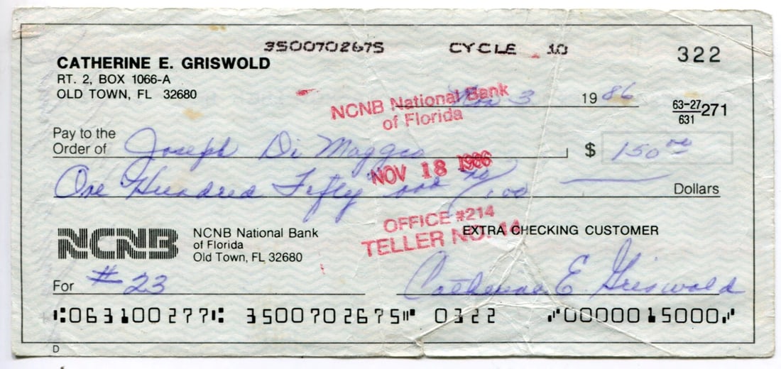 Joe DiMaggio Signed Check - 2