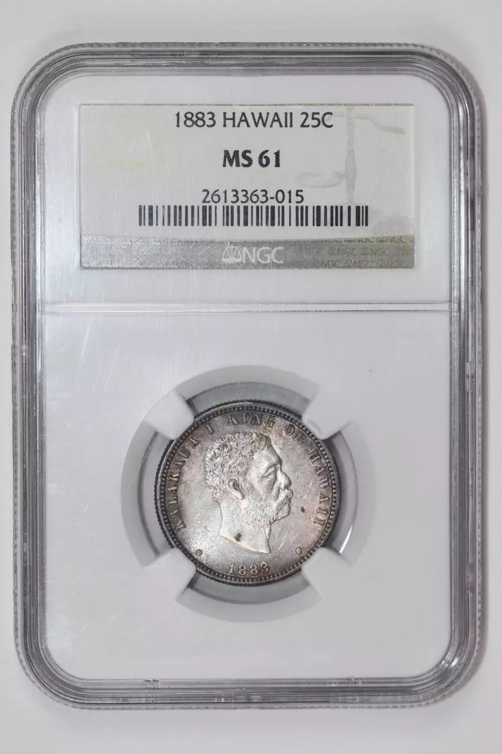 Hawaii Quarter 1883 MS61 NGC: Hawaii Quarter 1883 MS61 NGC The Hawaii Quarter 1883 MS61 NGC features a striking design from a historic year, showcasing the island's rich cultural heritage. Certified by the Numismatic Guaranty