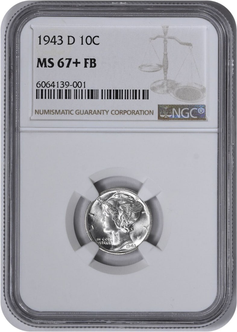 MS67+NGC FB Mercury Dime Silver 1943-D: MS67+NGC FB Mercury Dime Silver 1943-D The MS67+NGC FB Mercury Dime Silver 1943-D boasts an impressive NGC Uncirculated certification, verifying its exceptional condition. With only 71,949,000 minted,