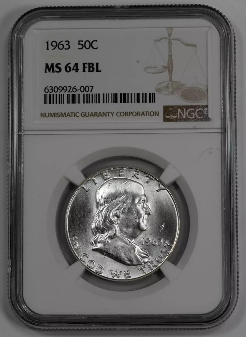 Franklin Half Dollar 50c 1963: Franklin Half Dollar 50c 1963 The Franklin Half Dollar 50c 1963 is an Uncirculated coin featuring a stunning MS 64 grade and a rich silver composition. Certified by NGC, this Philadelphia Minted coin