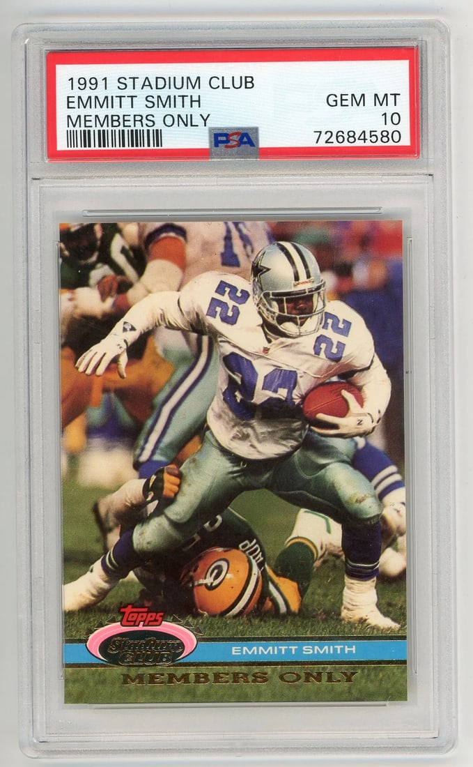 Members Only Stadium Club PSA MT 10 Emmitt Smith 1991: Members Only Stadium Club PSA MT 10 Emmitt Smith 1991 The 1991 Stadium Club Members Only PSA MT 10 Emmitt Smith card features a near-mint condition autograph and impressive overall grade. This highly 
