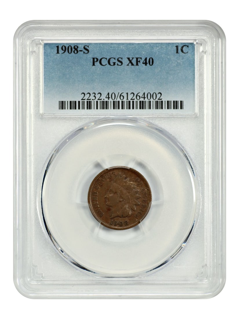 Key date indian cent popular 1c: Key date indian cent popular 1c The 1908 Indian Cent, graded 40 by PCGS, boasts a circulated condition and bears the mark of its San Francisco Mint origin. This key date coin showcases a beautiful BN 