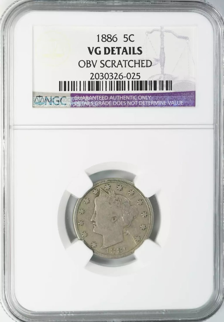 VIGOROUS RULES APPLY TO VG LIBERTY HEAD V NICKEL COINS: VIGOROUS RULES APPLY TO VG LIBERTY HEAD V NICKEL COINS VG Liberty Head V Nickel coins are made of nickel and have a grade of VG. They were minted in Philadelphia in 1886, with details including a circ