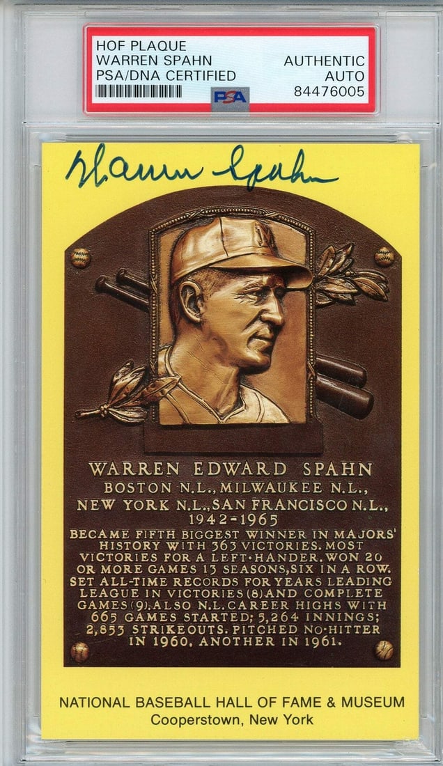Warren Spahn Card: Warren Spahn Card Warren Spahn's Hall of Fame plaque card features his signature in blue sharpie across the front. Authenticated and slabbed by Professional Sports Authenticator (PSA), this item provi
