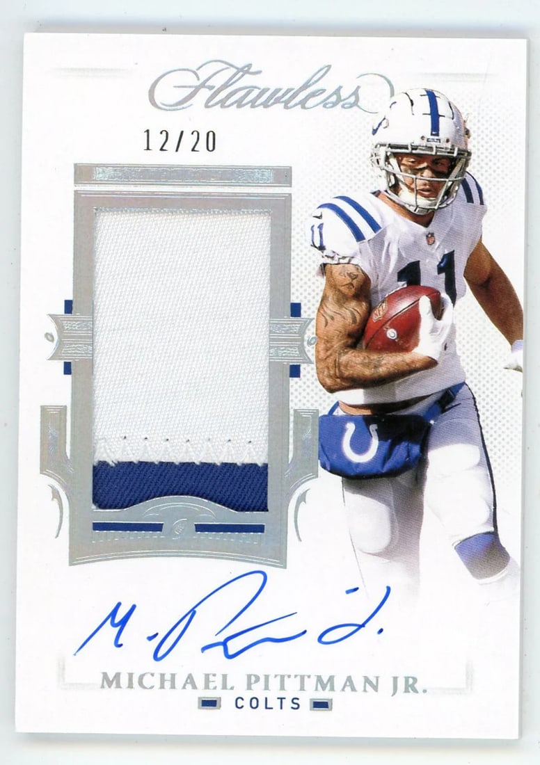 Flawless Patch Relic Autographed By Pittman: Flawless Patch Relic Autographed By Pittman This Flawless Patch Relic Autographed #PA-MPI Panini Michael Pittman Jr card features an impressive patch and a signed autograph from Michael Pittman Jr. Th
