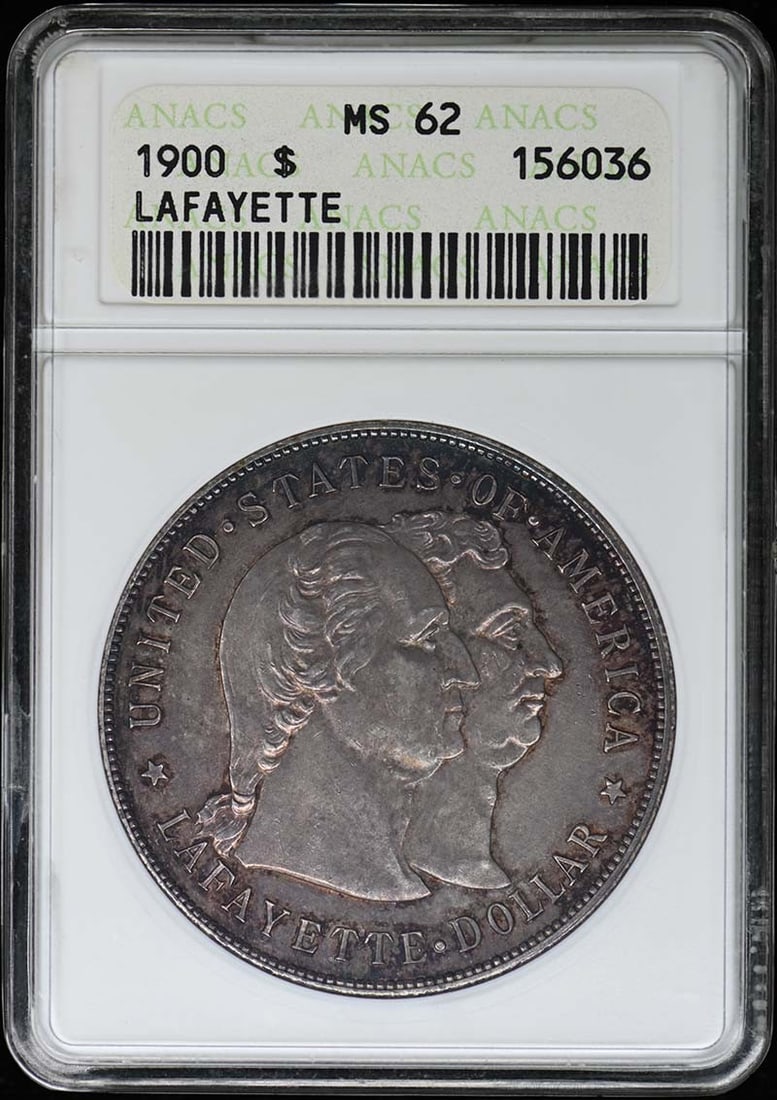 MS62 Lafayette 1900 Silver Commemorative: MS62 Lafayette 1900 Silver Commemorative MS62 Lafayette 1900 Silver Commemorative coin features an uncirculated grade and boasts a striking design. Certified by ANACS as MS62, this commemorative coin
