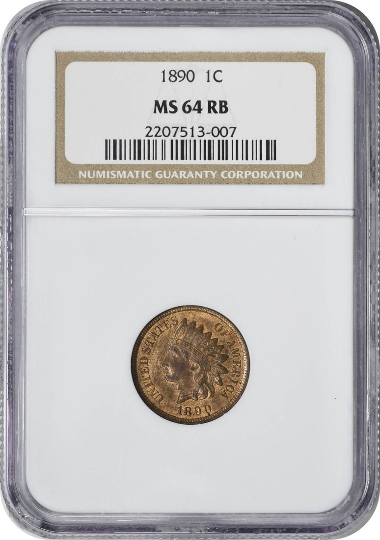 MS64RBNGCIndianCent1890: MS64RBNGCIndianCent1890 MS64RBNGC Indian Cent 1890 features an uncirculated grade and a KM number of 90a, indicating its rarity. This copper coin boasts the iconic Indian Head design without a mint ma
